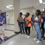 Cadets listen to the student tour guide at Tennessee Technological University.